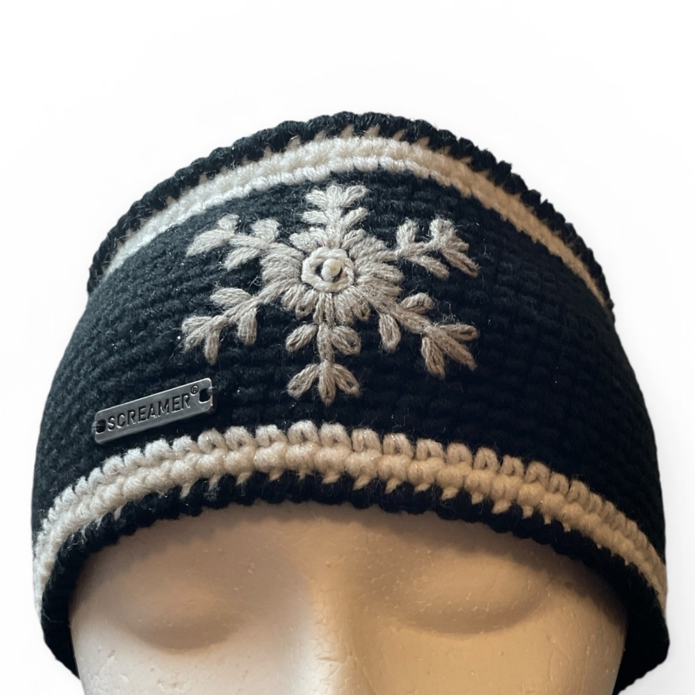 Screamer Snowflake Knit Headband sparkly Black white Ski Ear Warmer Winter